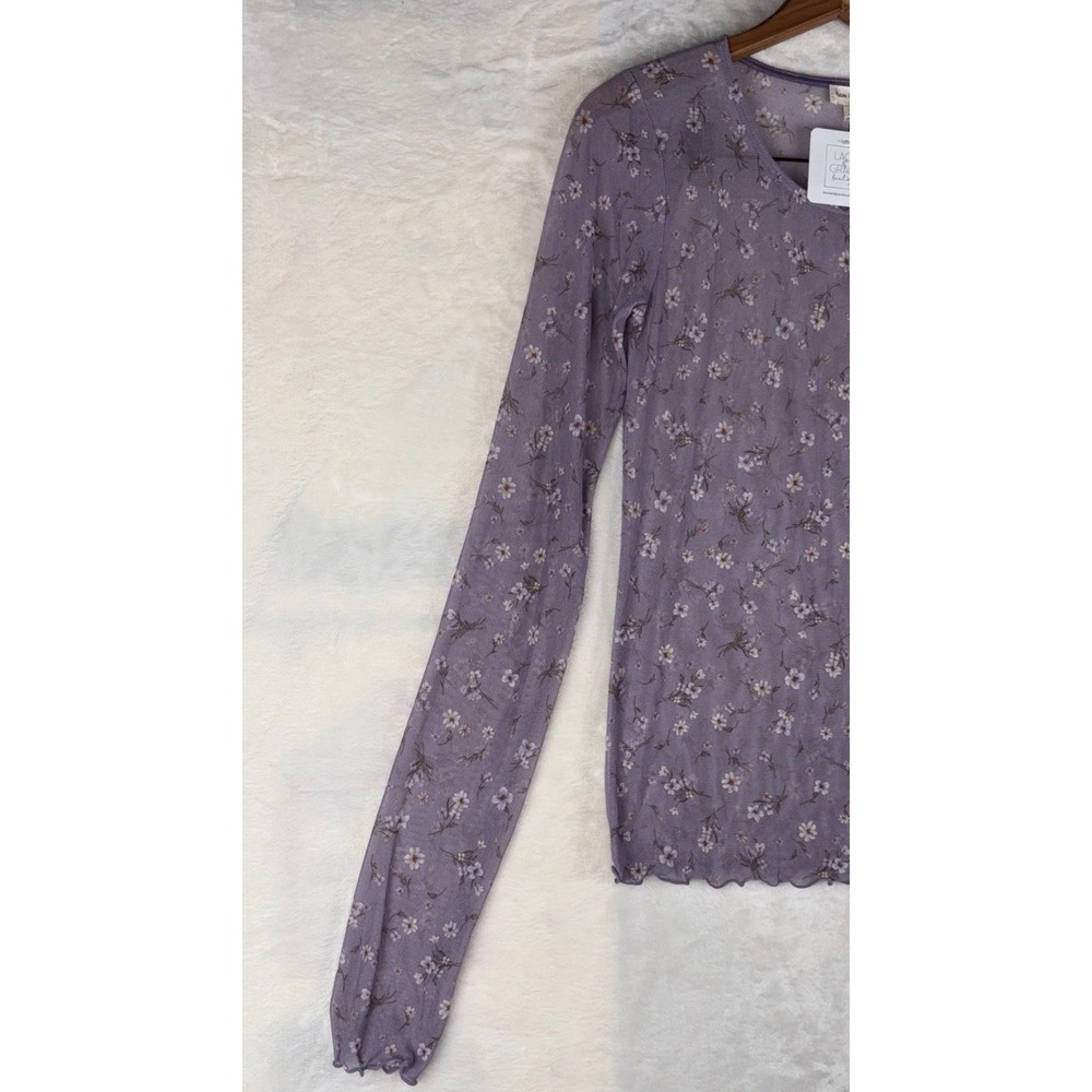 Anthropology Hem & Thread Sz L Ditsy Print Mesh Cabbage Long Sleeve Top Lavender - Picture 2 of 15